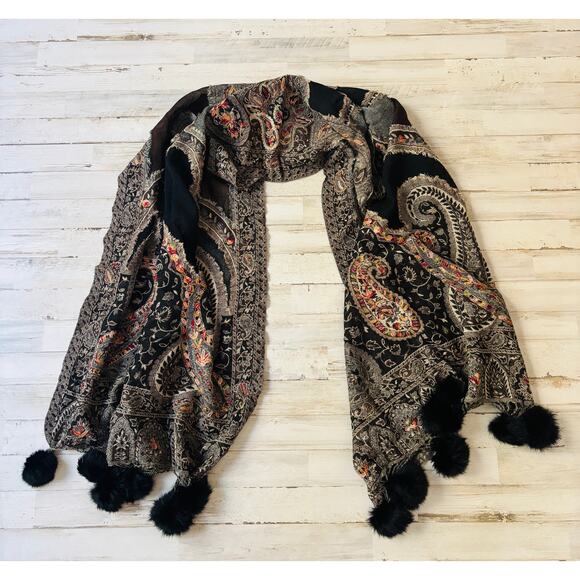 Gorgeous Blue Illusion large Wool Scarf with Fur Pom Poms - Picture 1 of 3